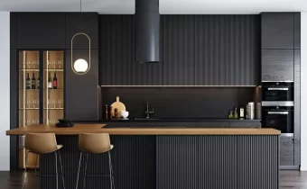 Cocina Minimalista Con Madera y Matte-Negro Pintura - Bordes Limpios, Afilado, Simple, Vibrante y Atractivo